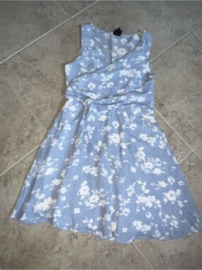 bobeau Blue and White Striped Floral Wrap Midi Dress
